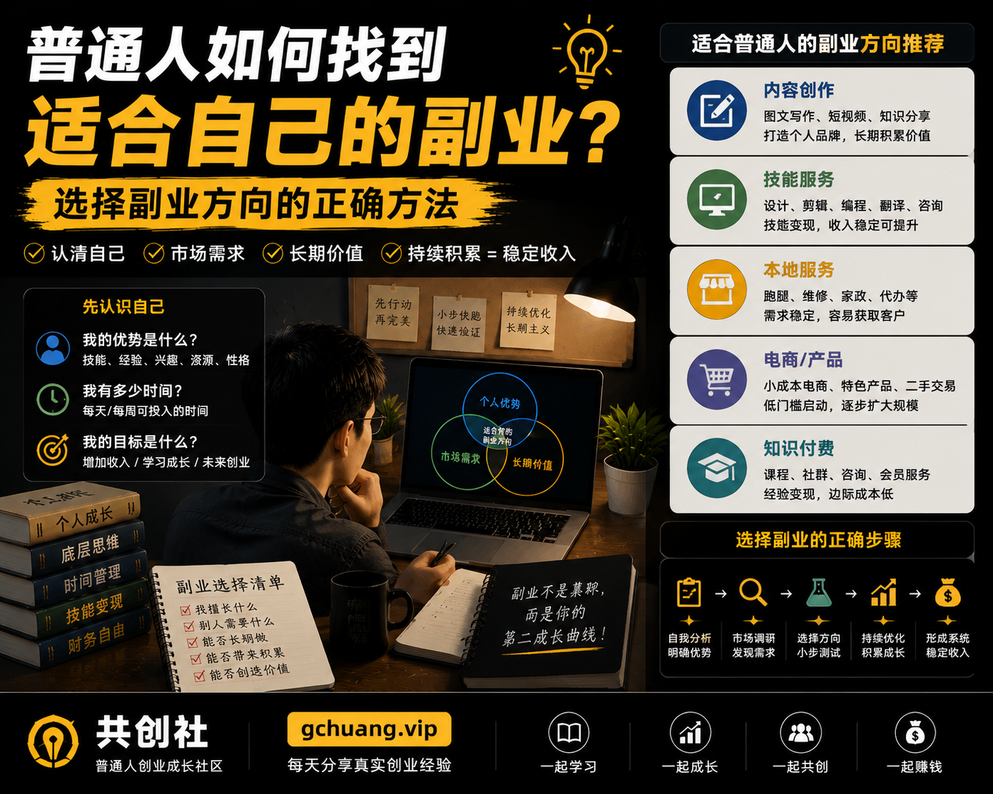 普通人如何找到适合自己的副业？选择副业方向的正确方法-共创社