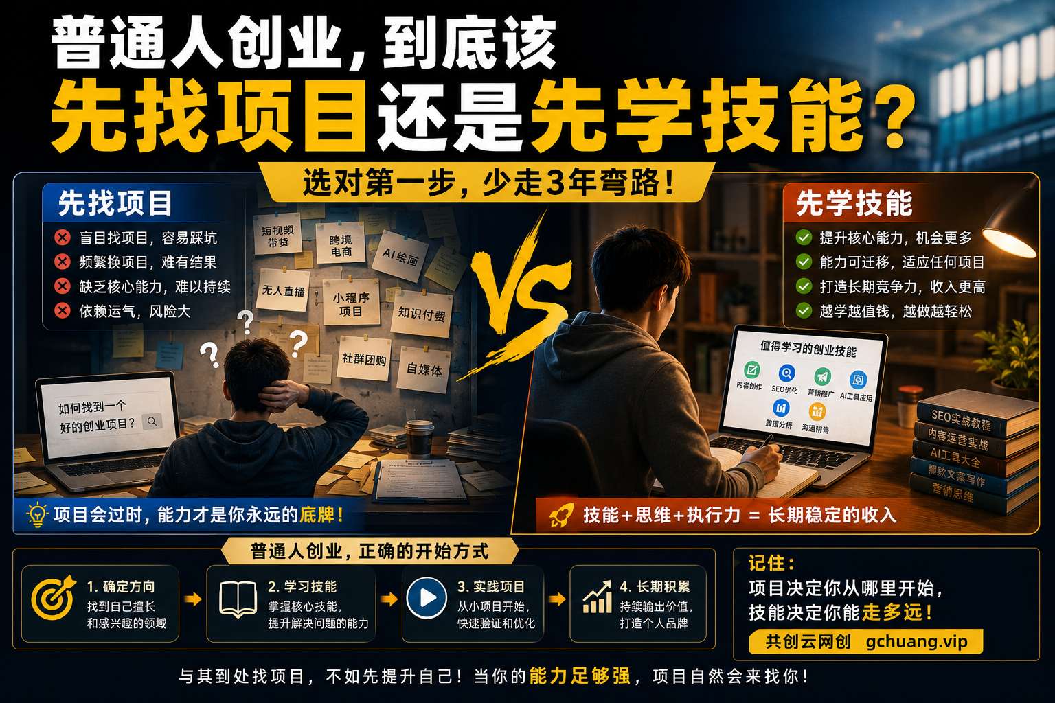 普通人创业，到底该先找项目还是先学技能？很多人第一步就做错了