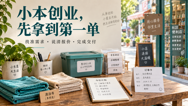 社区小店旁的木桌上摆着清洁布、收纳盒、服务清单和订单卡，画面文字为“小本创业，先拿到第一单”，无人像。