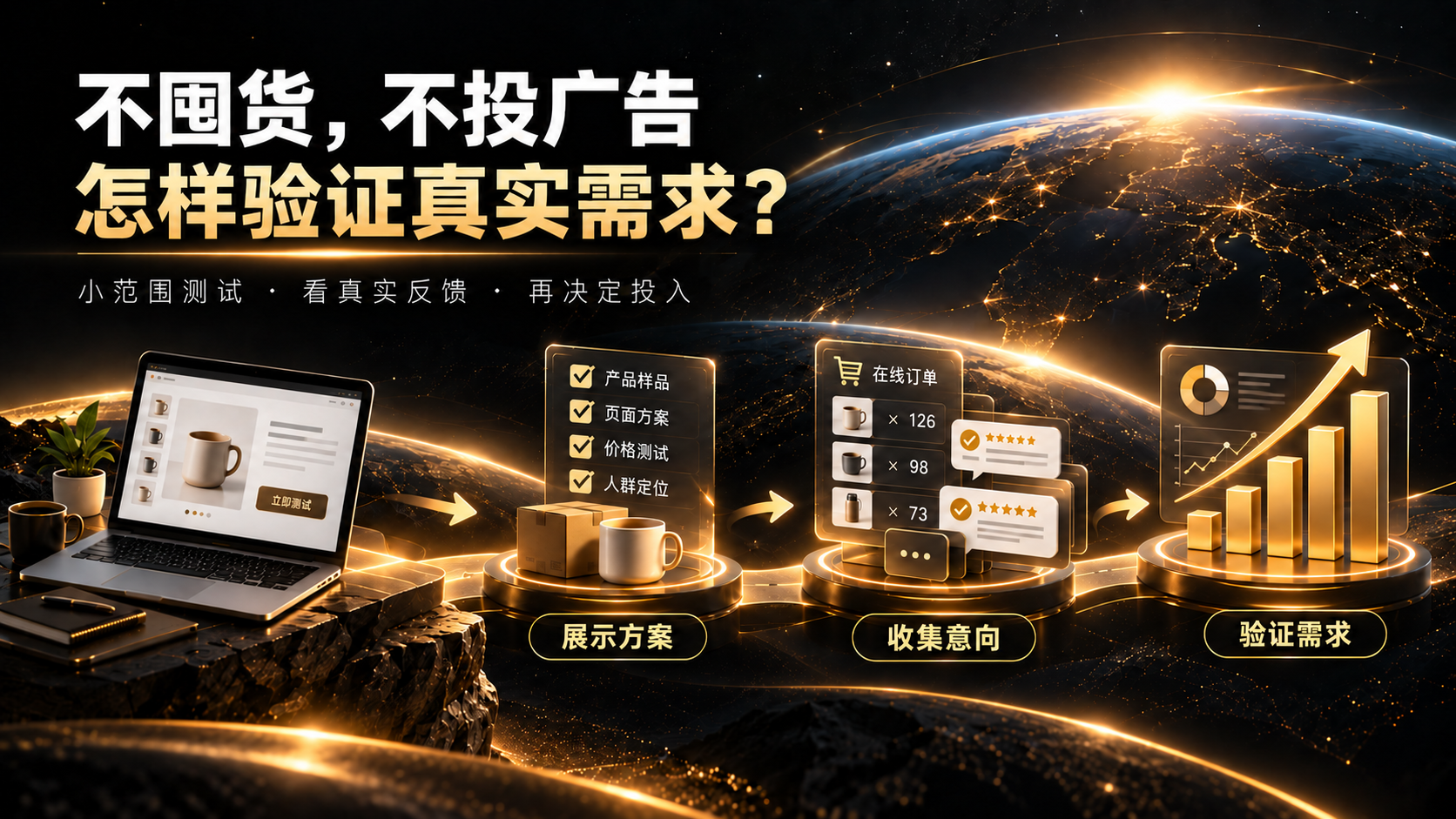 黑金地球背景商业海报，两行标题“不囤货，不投广告”“怎样验证真实需求？”，下方以商品方案、线上订单和数据图表展示需求验证过程，无人物。